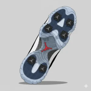 Detailed view of the sole and innovative traction pattern on the jordan 11 golf shoes, designed for optimal grip