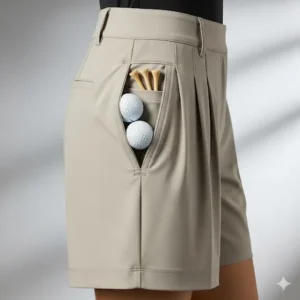  Side view of women's pleated golf shorts, showing the deep, functional pockets designed to hold golf balls and tees. 