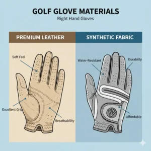 Illustration showing different materials like leather and synthetic used in right hand golf gloves, highlighting their features.