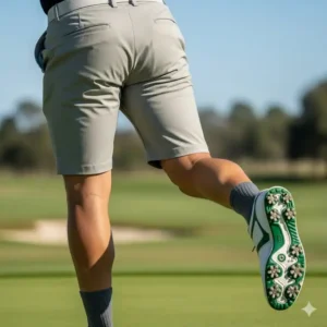 A close-up shot of the flexible fabric on golf shorts PGA Tour pros use during a powerful swing.
