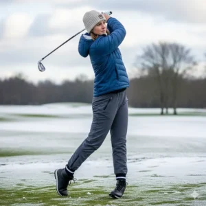 A woman on a golf course wearing warm, stretchable winter golf pants and waterproof boots.