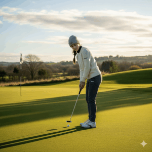 A female golfer on the putting green, wearing stylish, comfortable thermal golf trousers and a sweater.