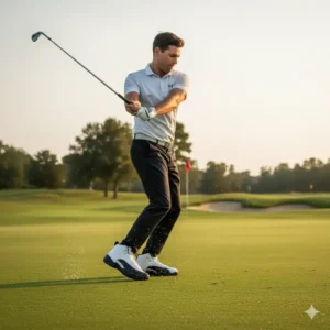Golfer mid-swing wearing Air Jordan 12 golf shoes, demonstrating their support and comfort during play. 