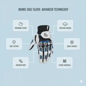 An infographic illustrating the innovative technology and design features of a bionic golf glove, explaining its performance benefits.