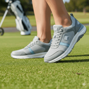 A close-up shot of someone’s feet in comfortable walking shoes, perfect for a golf tournament. 