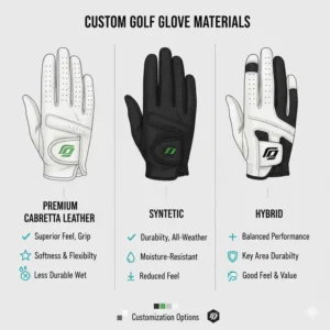 An infographic comparing different materials used for custom golf gloves, such as leather, synthetic, and hybrid fabrics, detailing their pros and cons.
