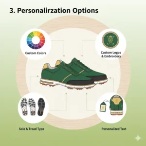 An infographic highlighting different personalization options for custom golf shoes, including colors, logos, and sole types. 