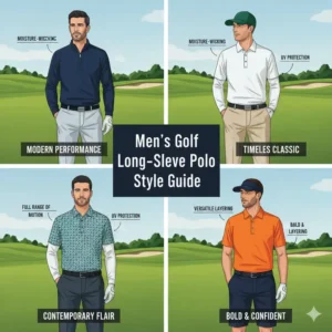  A style guide showing different ways to wear a men's golf long sleeve polo, featuring various color and fit options for the modern golfer.