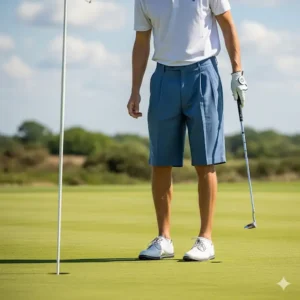 A man on the putting green wearing tailored blue pleated golf shorts with a polo shirt. This image showcases men's pleated golf shorts. 