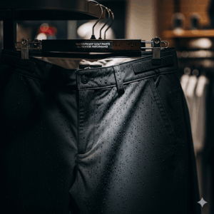 A pair of waterproof golf pants hanging on a rack, highlighting the durable, water-resistant outer layer to protect against rain.