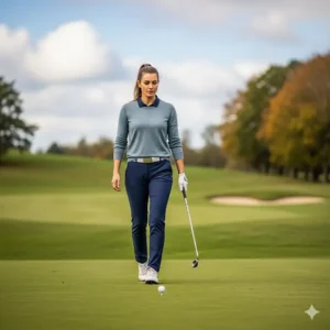  A woman wearing comfortable golf pants, a lightweight sweater, and a golf glove on a cool day.