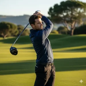 A golfer in a lightweight wind jackets golf mid-swing, showcasing the jacket's flexibility and freedom of movement. 