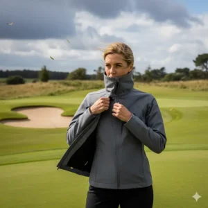 A woman demonstrates the windproof features of a sleek, gray golf jacket with a high collar, showing its effectiveness against the elements.