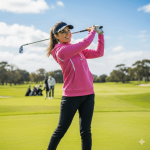 A woman on the golf course, wearing a pink golf hoodie and smiling, showing the variety of styles available.