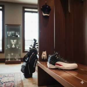 Air Jordan 12 golf shoes placed casually in a stylish golf clubhouse locker room setting. 