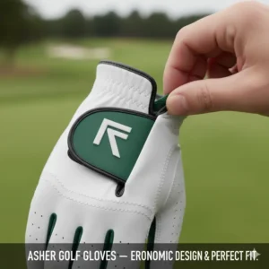 Detail shot of the ergonomic design of Asher golf gloves, including ventilation and adjustable wrist closure for a perfect fit.