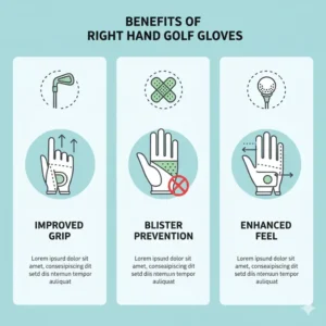 Infographic illustrating the key benefits of wearing a right hand golf glove, such as improved grip, blister prevention, and enhanced feel