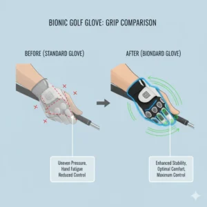 A visual comparison showing the difference in grip stability and hand comfort with and without wearing a bionic golf glove. 