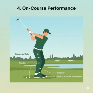An illustration of a golfer wearing custom golf shoes on the course, emphasizing enhanced grip, stability, and comfort during a swing. 