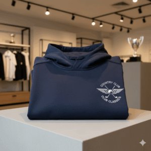 A golf hoodie with a brand logo on the chest, a great example of custom apparel for golf teams or clubs.