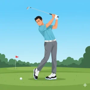 Golfer mid-swing wearing jordan 11 golf shoes, demonstrating stability and style on the course. 