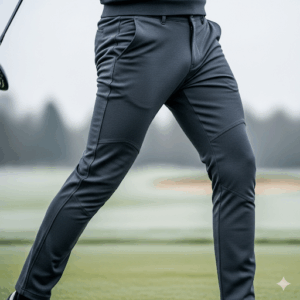 A detailed image of the stretchy, flexible material of winter golf pants, demonstrating the freedom of movement for a full swing.
