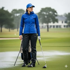 A woman in a waterproof golf jacket, a cap, and rain pants, prepared for playing in wet weather