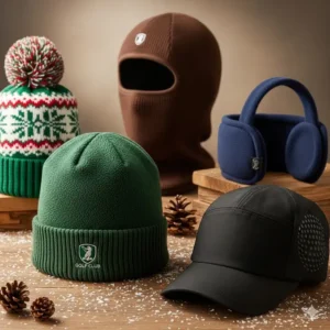  A variety of warm golf headwear, including a fleece-lined beanie and a waterproof cap, suitable for winter play.
