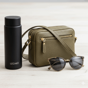 A collection of accessories including a small crossbody bag, sunglasses, and a water bottle. 