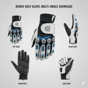 A composite image showcasing the bionic golf glove from multiple angles, emphasizing its sleek design and functional features.