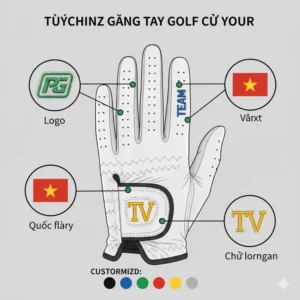 A visual representation of various personalization options for custom golf gloves, including embroidered names, logos, and custom text.