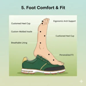 A cross-section diagram of a foot inside a custom golf shoe, illustrating the ergonomic design and personalized fit for ultimate comfort. 