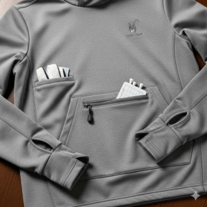 Detail image of a golf hoodie, focusing on the practical pockets and comfortable cuffs, essential features for golfers.