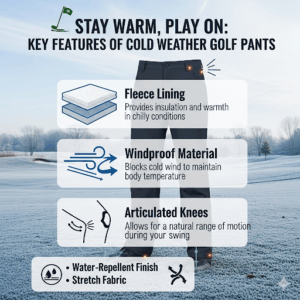 A graphic or infographic highlighting key features of cold weather golf pants, such as fleece lining, windproof material, and articulated knees.
