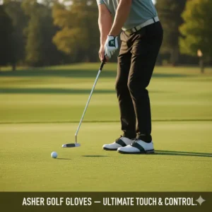 A golfer focused on putting, wearing an Asher golf glove that provides excellent feel and control on the green.