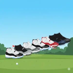 Collection of various jordan 11 golf shoes colorways, showcasing the range of styles available. 