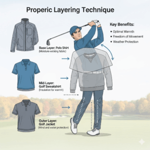 An infographic illustrating how to layer a golf sweatshirt over a polo shirt and under a jacket for warmth during colder weather.