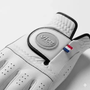 Detailed view of the high-quality leather and stitching of a Vice golf glove, reflecting its premium construction.