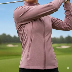 An elegant, form-fitting women's golf jacket in a subtle pink hue, showcasing its water-resistant finish and ergonomic design.
