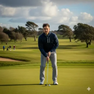 A male golfer wearing a stylish half-zip wind jackets golf, lining up a putt on a windy day.