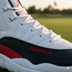 Detailed view of the premium upper materials and stitching on the Air Jordan 12 golf shoes. 