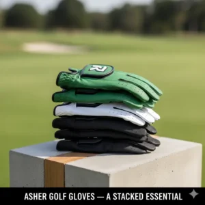 Neatly stacked Asher golf gloves, presenting the product with a clean and professional aesthetic.