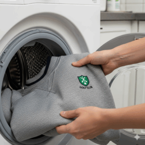 Hands gently placing a golf sweatshirt into a washing machine, demonstrating proper care to maintain its quality and performance.