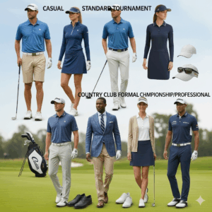 A collage showing a variety of outfits for different types of golf tournaments, from casual to more formal.