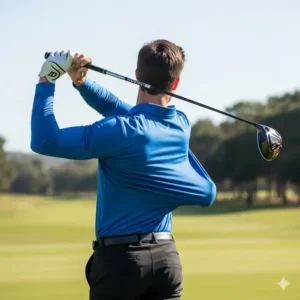 An action shot of a golfer mid-swing, showcasing the stretch and flexibility of a golf long sleeve polo that allows for a full range of motion.