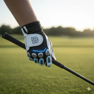 A golfer's hand firmly gripping a golf club, demonstrating the secure and comfortable feel provided by the bionic golf glove.