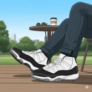 jordan 11 golf shoes styled in a casual, off-course setting, highlighting their versatility and iconic look. 