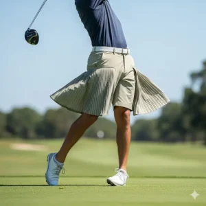 A golfer mid-swing, showcasing the flexibility and range of motion provided by pleated golf shorts. The shorts move with the body without restriction.