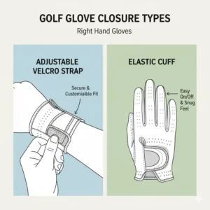 Illustration comparing different closure types for right hand golf gloves, such as adjustable Velcro straps and elastic cuffs, highlighting their secure fit.
