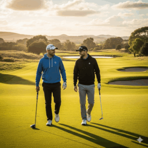 Two golfers, one in a blue golf hoodie and the other in a black golf hoodie, walking down the fairway together.